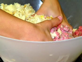 mixing the meatloaf with your hands is fun